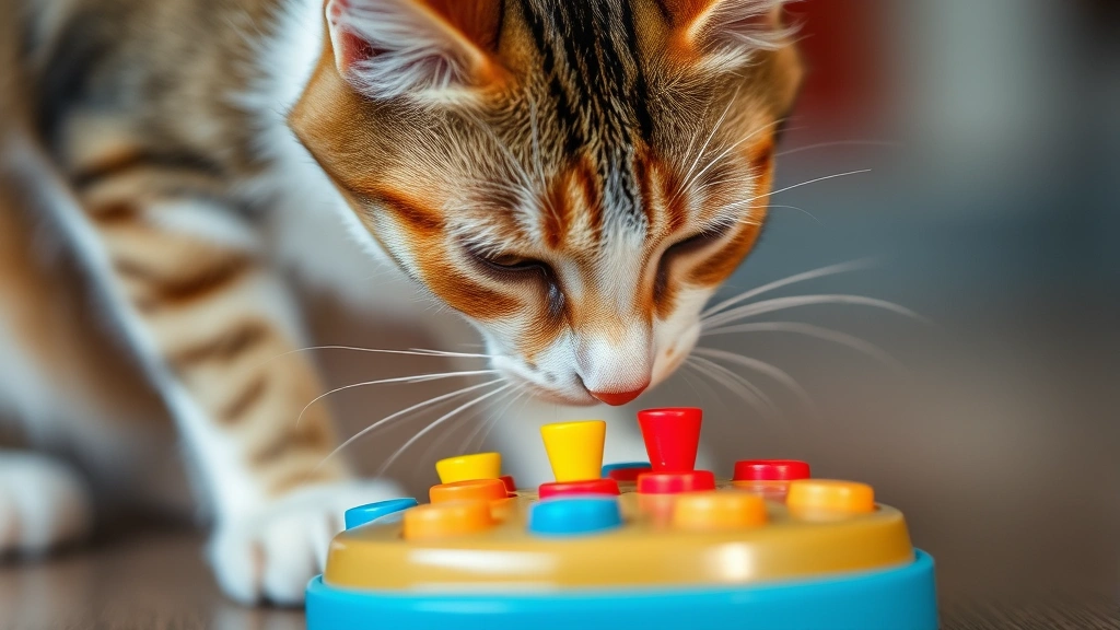 Close-up of a cat playing with a colorful puzzle feeder toy, engaged and concentrated on the interactive enrichment activity, showing mental stimulation and focus