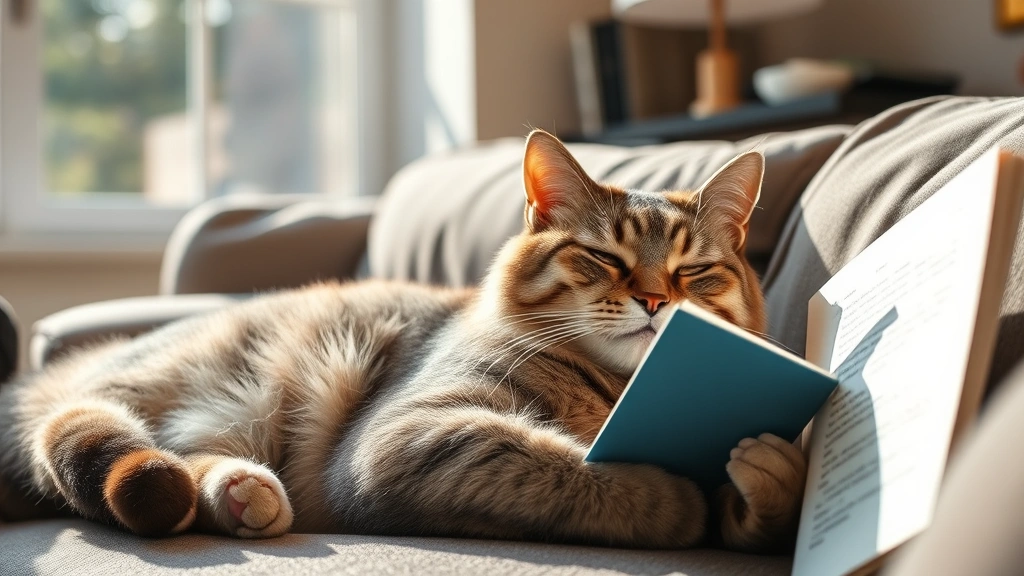 Senior cat lying peacefully on a couch beside someone reading, afternoon sunlight streaming through window, content facial expressions on both human and feline, calm sophisticated interior space
