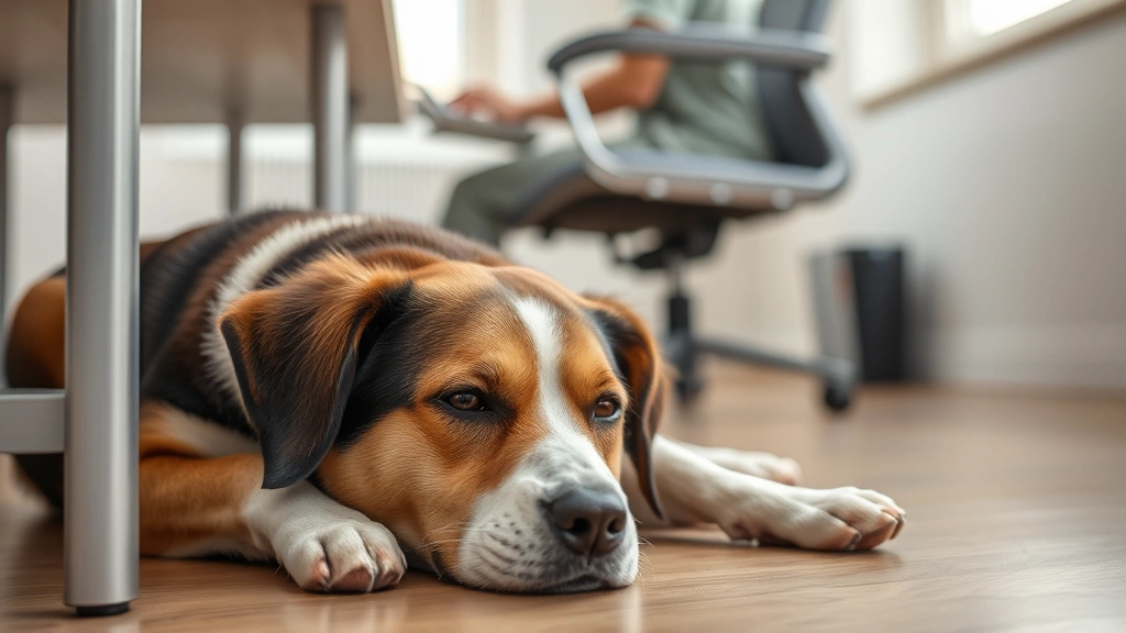 Dog resting peacefully on floor beside desk chair, person typing in background slightly blurred, calm composed atmosphere, natural window lighting