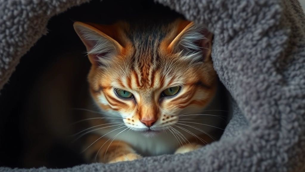 An anxious cat with tense posture hiding partially behind a comfortable cat cave or enclosed space, displaying stress-related body language and seeking refuge, photorealistic behavioral demonstration