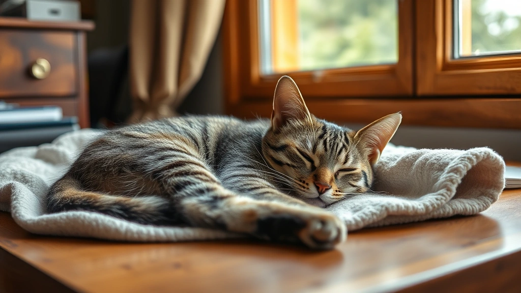 A calm tabby cat resting peacefully on a soft blanket near a wooden desk, natural window light illuminating the scene, showing serene focus environment without visible distractions