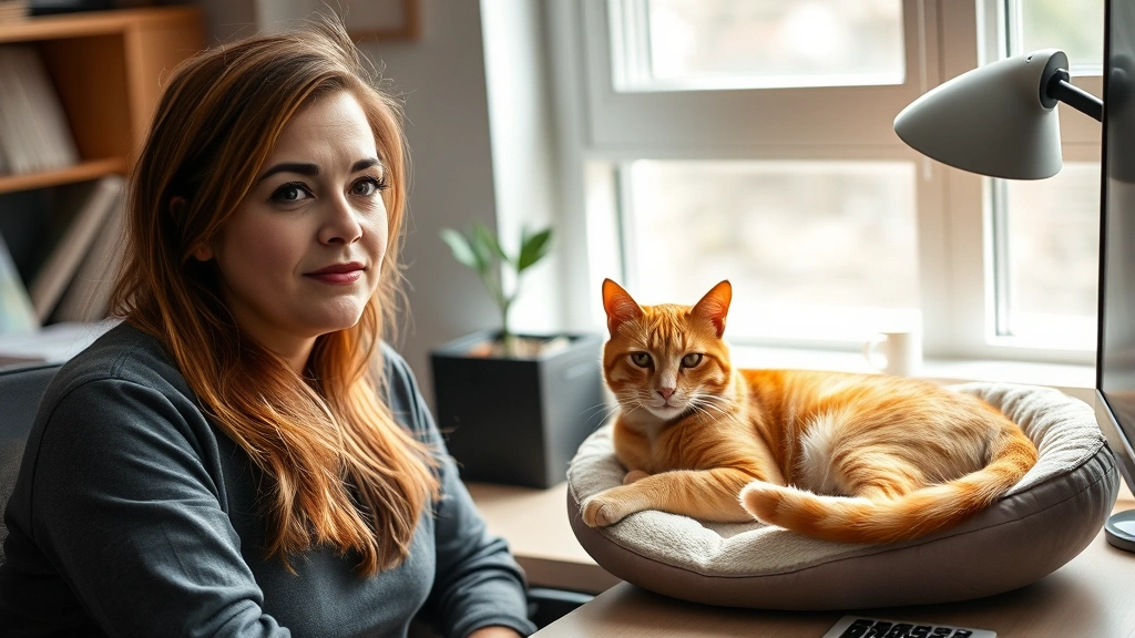 Person sitting at desk with orange tabby cat resting nearby on a cushioned cat bed, soft natural lighting through window, focused expression on face, peaceful workspace environment
