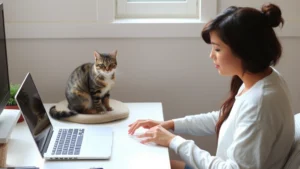 A person sitting at a desk working on a laptop with a calm tabby cat sitting quietly nearby on a cushioned perch, natural window light, minimal desk clutter, peaceful focused expression on human face