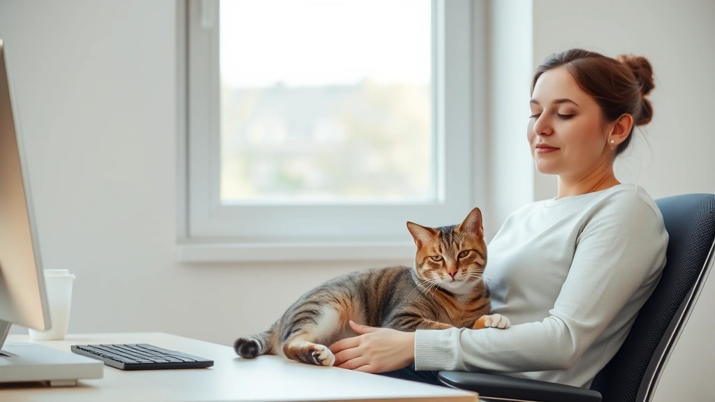 Person sitting at desk with calm tabby cat resting peacefully on lap, soft natural window light, relaxed facial expression, minimalist workspace background, photorealistic