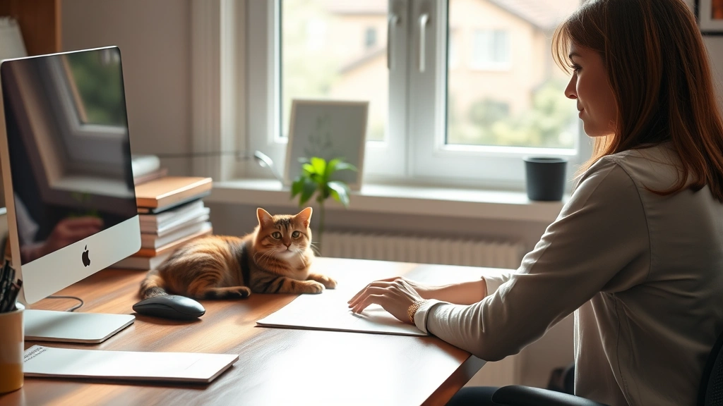Person working at desk with content tabby cat resting nearby on wooden desk, natural window light, professional workspace, serene expression, no visible text or screens, photorealistic