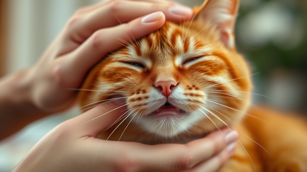 Close-up of human hands gently petting an orange cat's head, cat purring with closed eyes, showing calm interaction and bonding moment, warm indoor lighting, photorealistic detail