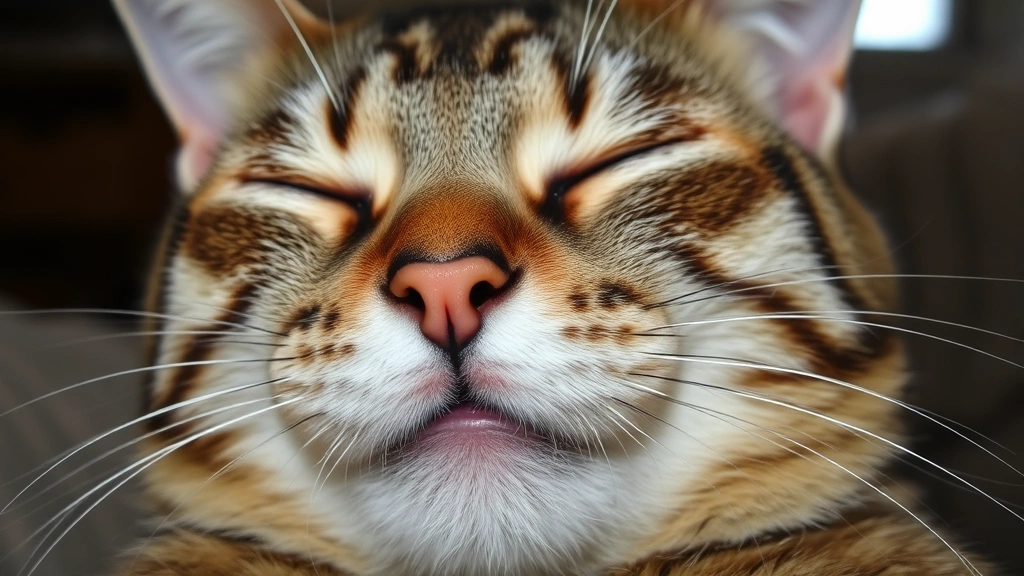 Close-up of cat's face purring contentedly, soft fur texture visible, relaxed whiskers and half-closed eyes, warm indoor lighting, intimate moment showing feline calmness and peace