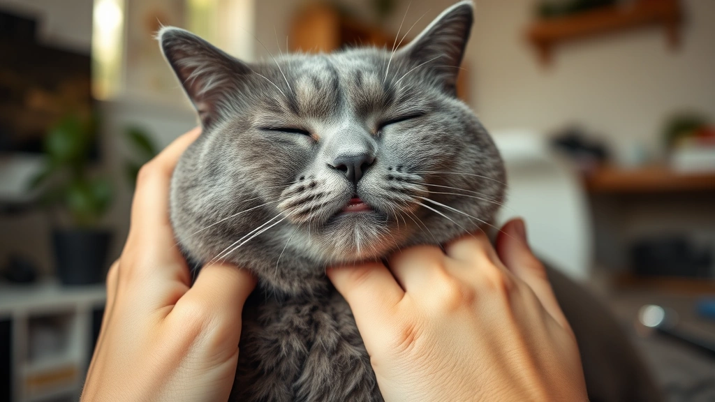 Close-up of hands petting a gray cat, showing relaxed body language, warm lighting, cat purring with eyes closed, serene home office setting visible in background