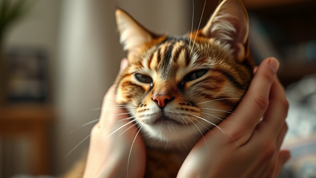 Close-up of hands gently petting a contented cat, warm indoor lighting, soft fur texture visible, peaceful expression, shallow depth of field, photorealistic