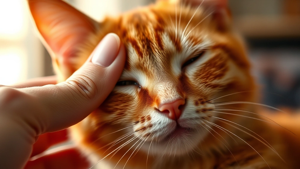 Close-up of hand gently petting an orange cat's head, warm indoor lighting, shows connection and calm interaction, peaceful expression, no visible text, photorealistic high quality