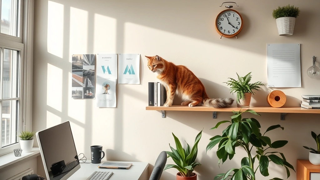 A well-organized home office with a cat perched on a wall shelf observing the room, showing optimal pet positioning for focus without interference, natural ambient lighting