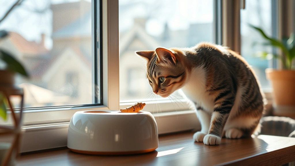 A cat engaged with an enrichment toy puzzle feeder by a sunny window, focused and mentally stimulated, natural daylight streaming in, cozy home environment, photorealistic scene
