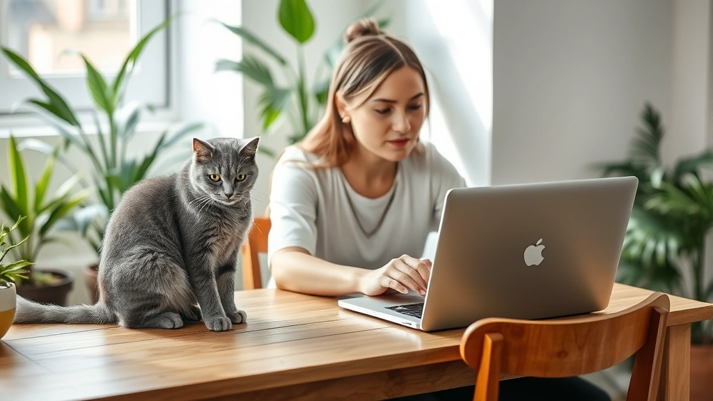 Woman working at laptop at wooden table, gray tabby cat sitting beside her on chair, both appearing calm and concentrated, natural daylight, plants in background, collaborative peaceful workspace demonstrating human-feline focus partnership