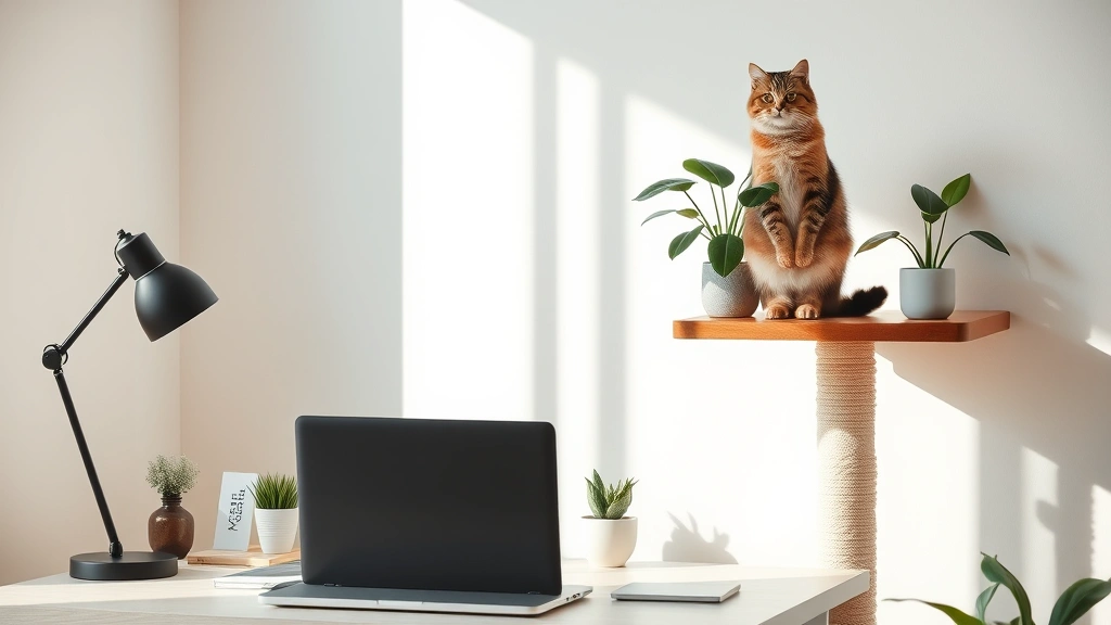 Minimalist workspace with cat tree near desk, cat perched on elevated platform observing calmly, organized desk with laptop, potted plants, natural daylight, zen aesthetic