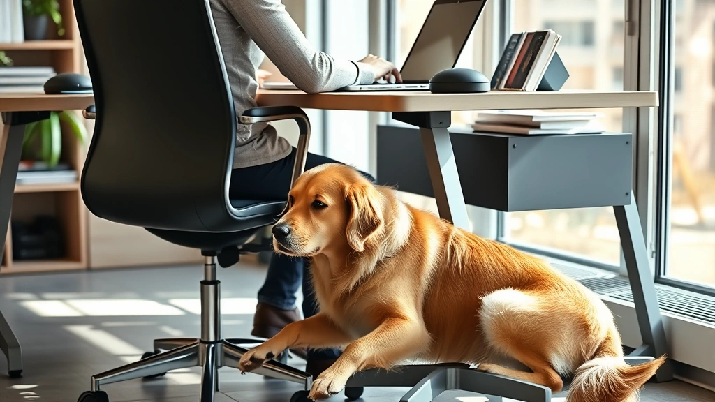 Person working at desk with golden retriever lying calmly beside chair, focused work posture, serene office environment, natural daylight, photorealistic
