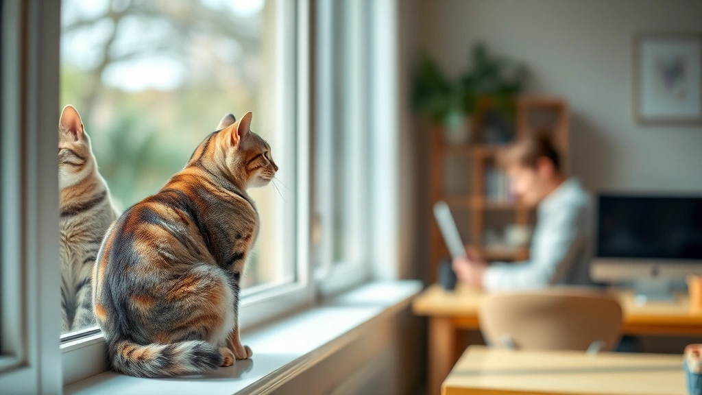 Cat sitting on window perch looking outside, person blurred in background at desk working, natural daylight, peaceful indoor environment, no visible text or devices, photorealistic