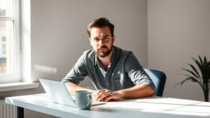 Person sitting at minimalist desk with focused expression, natural window light illuminating face, coffee cup nearby, completely distraction-free environment, photorealistic professional photography