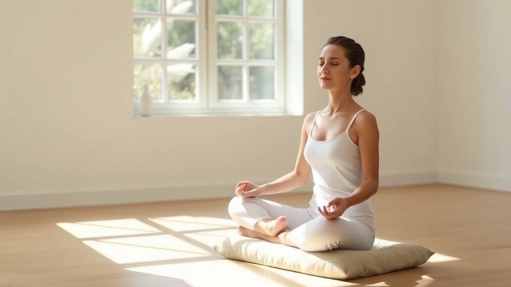 Person sitting in peaceful meditation pose on cushion in bright, natural light, hands resting gently on knees, serene expression, minimalist background with soft shadows suggesting morning sunlight through windows