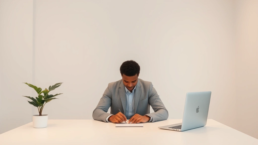Serene minimalist workspace with single focused individual, empty white walls, subtle warm lighting, single plant, clean lines, professional calm atmosphere demonstrating optimal focus environment