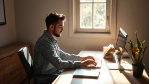 Person sitting at a clean, minimalist wooden desk with natural morning sunlight streaming through a window, completely focused on work, no visible screens or distractions, peaceful concentrated expression