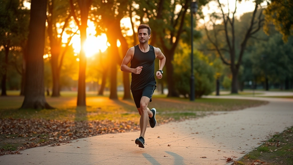 Athletic individual jogging through a park during golden hour, surrounded by trees, appearing energized and alert, natural outdoor setting with soft lighting highlighting movement