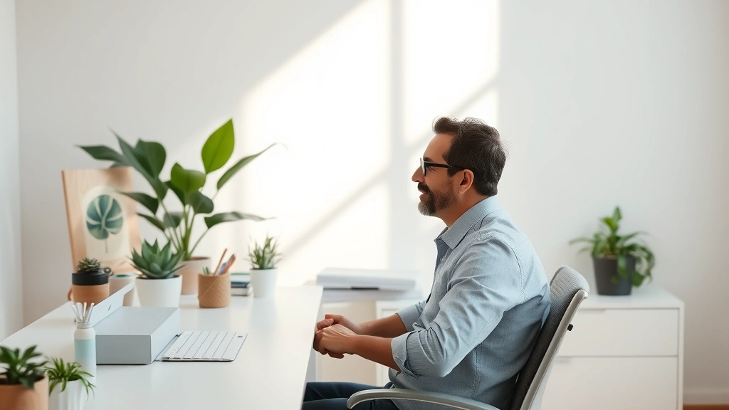 Person in serene minimalist workspace with soft natural light, sitting in focused posture at clean desk, relaxed concentration expression, plants and organized materials visible, photorealistic, calm professional environment emphasizing mental clarity and reduced friction