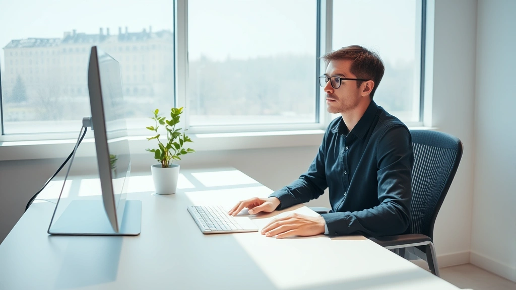 Minimalist workspace with natural light, clean desk, single plant, no visible screens or clutter, person with hands on desk appearing focused and calm