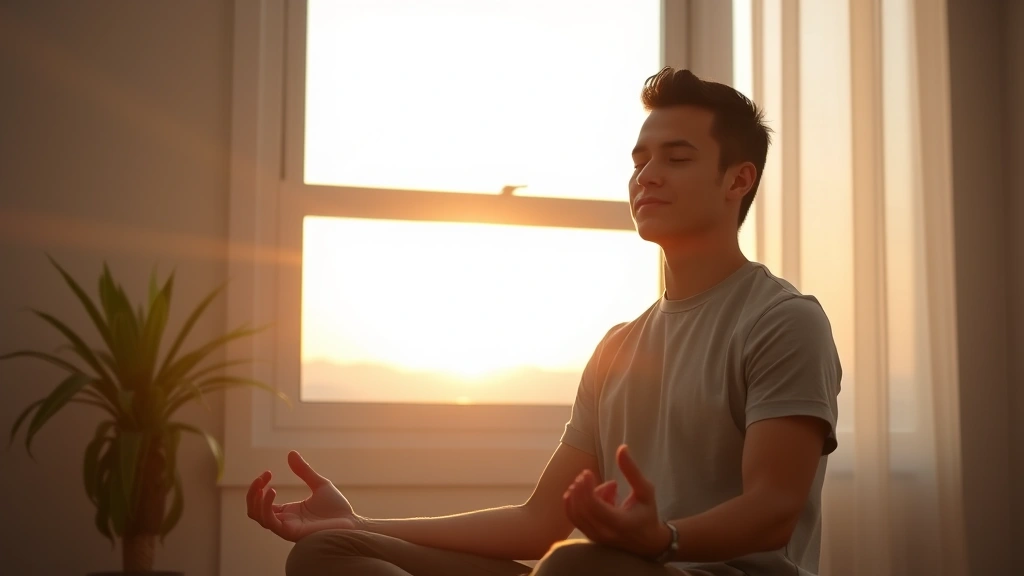 Individual in morning meditation pose by window with sunrise, peaceful facial expression, natural light streaming in, comfortable seated position, embodying neurochemical optimization and cognitive clarity, photorealistic wellness scene