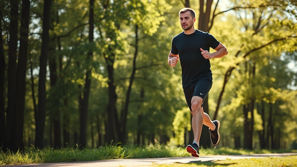 Person during outdoor exercise, running or walking in natural setting with trees and daylight, showing physical activity for dopamine and focus enhancement