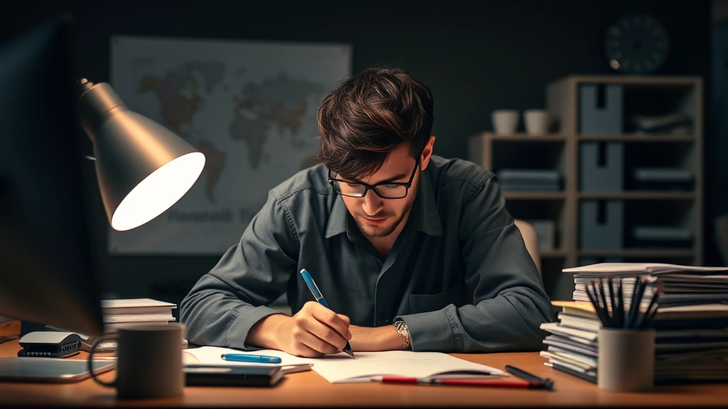Individual in deep concentration at workspace with organized materials, neutral tones, soft lighting, demonstrating optimal focus environment setup
