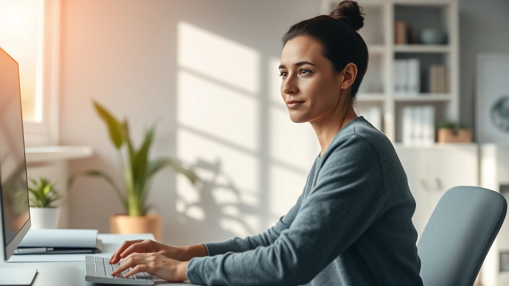 Person sitting in peaceful office with natural light, eyes focused on work, calm expression, hands on keyboard, minimalist desk setup, serene concentration