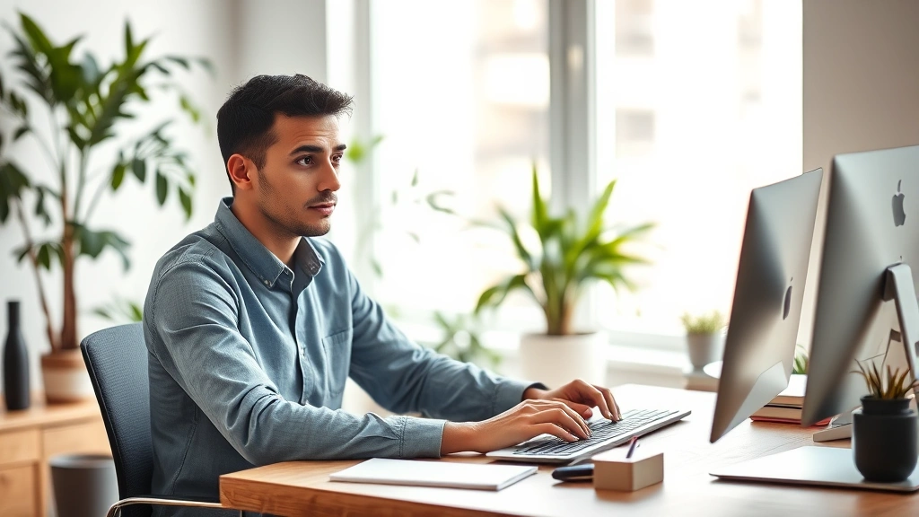 Person sitting at minimalist wooden desk in bright natural light, focused intently on work, calm neutral expression, plants in background, clean organized workspace, professional photography, no screens visible, serene concentration atmosphere