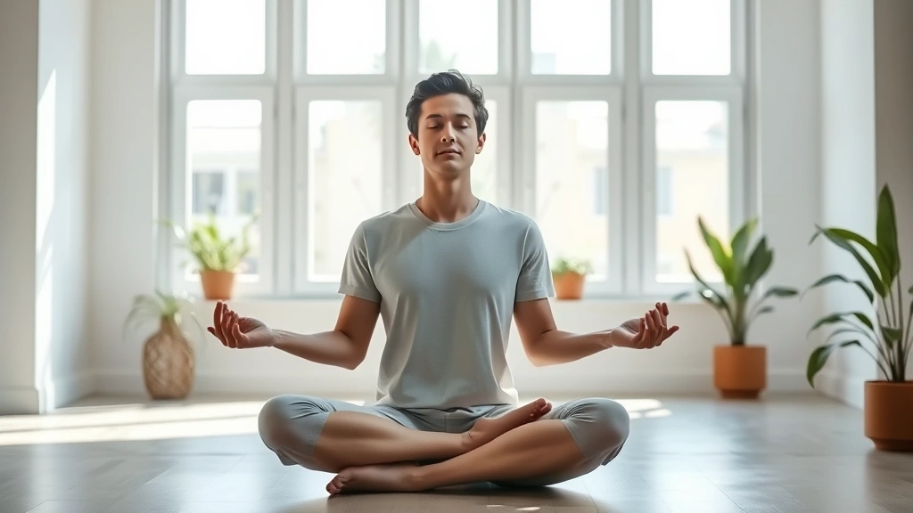 Person sitting in lotus position meditating peacefully in a bright, minimalist room with natural light from large windows, focused expression, serene environment with plants, no distractions visible, photorealistic