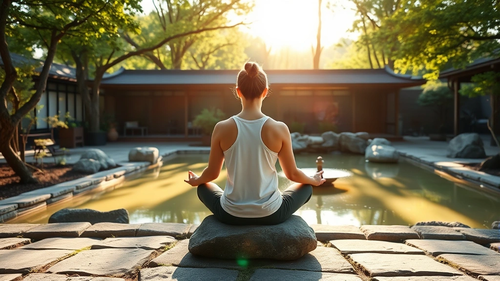 Person practicing meditation in peaceful zen garden setting, sitting cross-legged on stone, morning sunlight filtering through trees, calm water features, nature surroundings, embodying mental clarity and attention control, serene atmosphere