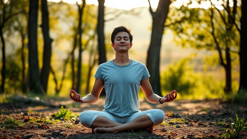 Person meditating outdoors in nature setting with soft morning light, sitting upright on ground with trees and natural landscape background, peaceful and focused demeanor, photorealistic high quality