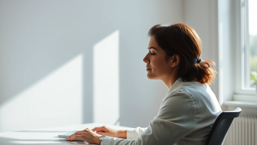 Person sitting at minimalist desk in bright natural light, eyes focused forward, peaceful expression, clean workspace with single task visible, morning sunlight streaming through window, calm professional environment