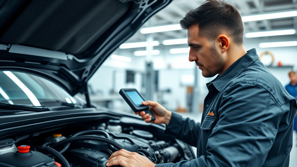 Professional mechanic using diagnostic scanner on modern car engine, focused concentration on screen, clean workshop environment, hands holding specialized equipment, bright LED lighting, photorealistic detail