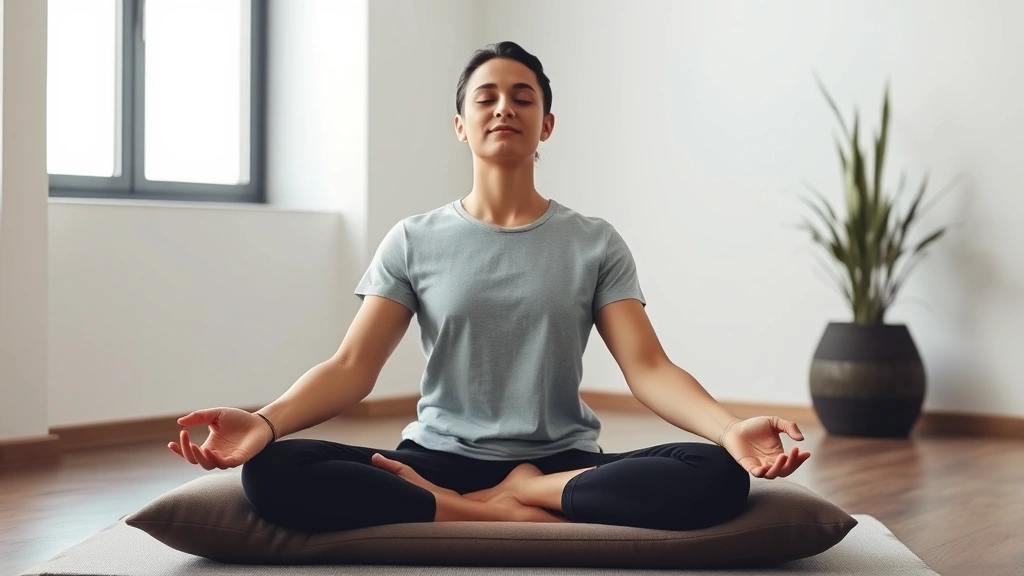 Person in peaceful meditation posture on cushion in minimalist room with soft natural light, eyes gently closed, serene expression, calm professional environment