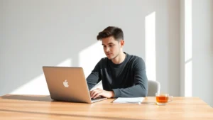 Person sitting at minimalist wooden desk in bright natural light, completely focused on laptop work, calm composed expression, organized workspace with single cup of tea, soft shadows, photorealistic, professional setting, morning productivity scene
