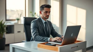 Professional in modern office environment with soft natural lighting, sitting at clean desk with closed laptop and phone in drawer, appearing calm and concentrated, warm morning light streaming through windows, minimalist workspace design, photorealistic, no text or screens visible