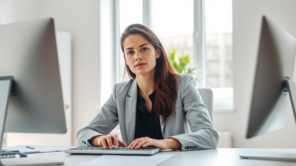 Professional person sitting at desk in bright, minimalist office workspace, focused expression, hands on keyboard, natural light from window illuminating face, calm organized environment with plant in background, photorealistic, no screens visible