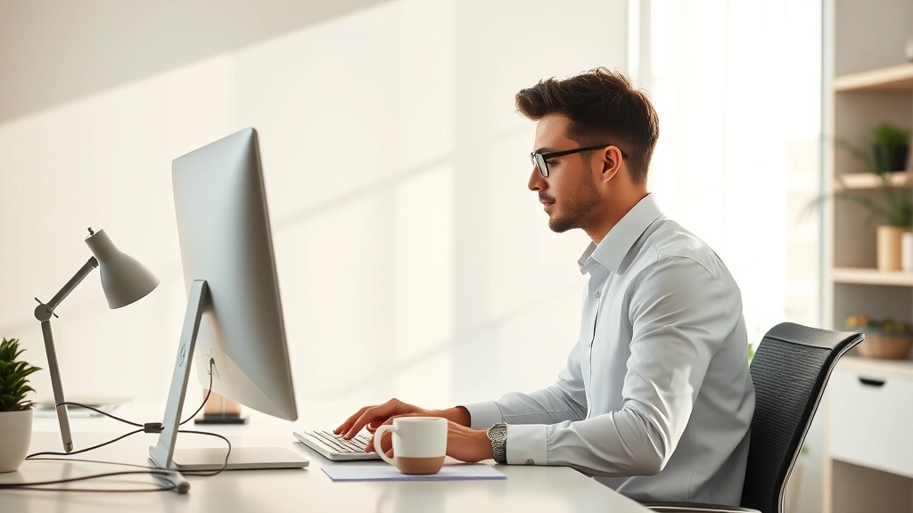 Professional working at clean minimalist desk with natural morning light streaming through window, focused expression, organized workspace with single monitor, warm beverage nearby, photorealistic high resolution