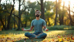 Person meditating in serene natural setting with soft morning light filtering through trees, peaceful expression, sitting cross-legged on ground, photorealistic