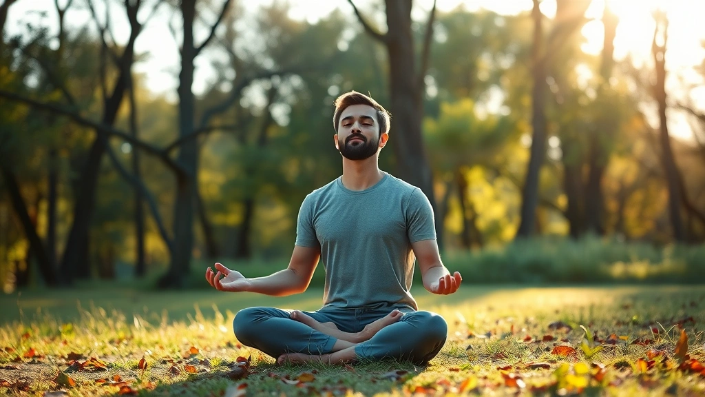 Person meditating in serene natural setting with soft morning light filtering through trees, peaceful expression, sitting cross-legged on ground, photorealistic