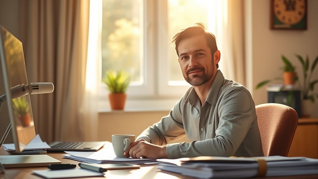 Person sitting at desk in morning sunlight, alert and focused expression, coffee cup nearby, papers organized, warm natural lighting, calm and composed posture, representing morning catalyst system optimization