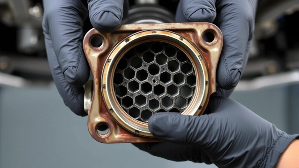 Close-up of catalytic converter component with visible internal honeycomb structure, being held by gloved technician hands, neutral gray background, professional automotive setting, sharp focus on metallic surfaces