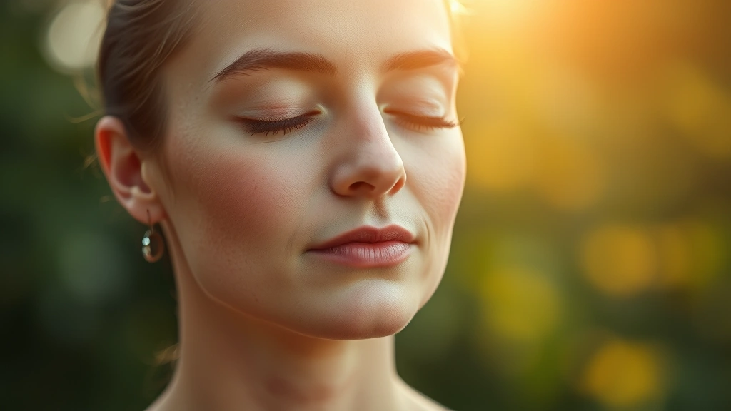 Close-up of person's face during meditation showing peaceful expression, soft lighting, blurred natural background, complete focus and tranquility visible
