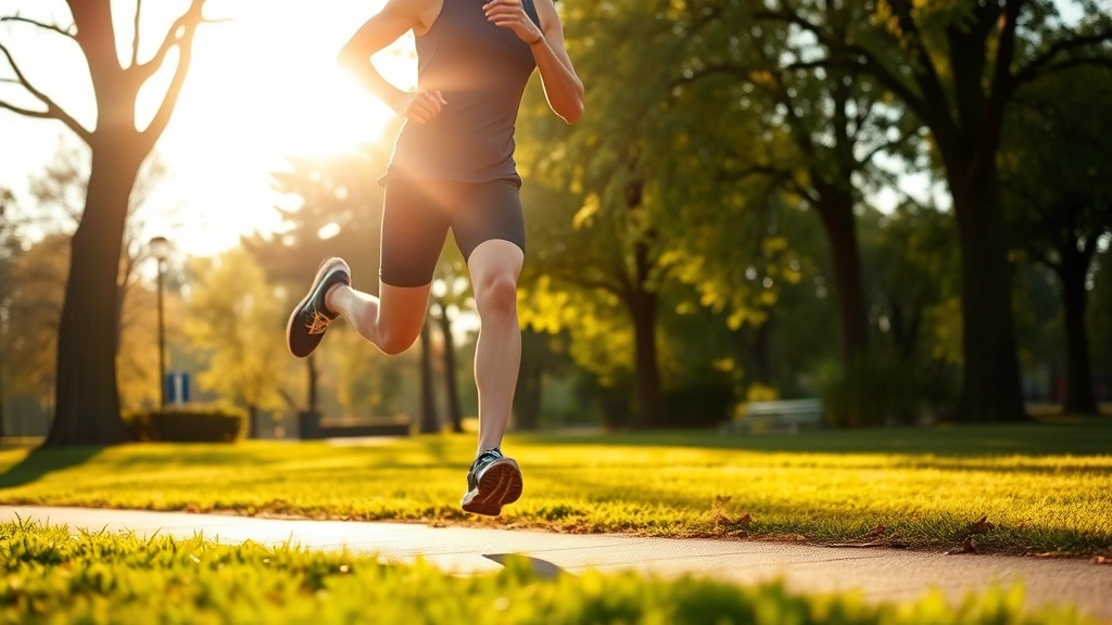 Person jogging outdoors in park setting during morning hours, athletic movement captured mid-stride, natural sunlight, trees and greenery in background, energetic posture, photorealistic, no text or fitness trackers visible