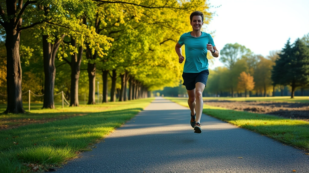 Person jogging outdoors on tree-lined path during morning, athletic wear, bright natural light, energetic motion captured mid-stride, peaceful natural environment with blue sky, no people in background, photorealistic action shot