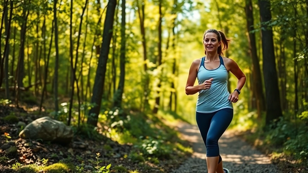 Woman jogging on forest trail with dappled sunlight, athletic gear, focused expression, natural outdoor environment, photorealistic